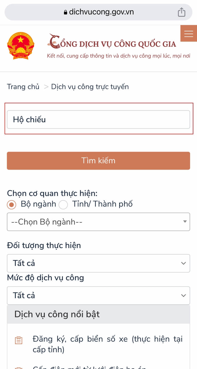 đăng ký cấp hộ chiếu trực tuyến mobile